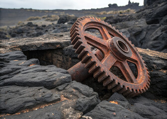 Forgotten Relic: An antique, rusty gear, a poignant symbol of the bygone era, rests amidst a craggy, desolate landscape, weathered by time, evoking a sense of history and industrial heritage.