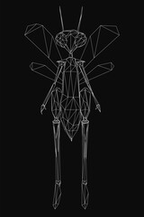 A humanoid dragonfly with geometric patterns, resembling a bee, stands out against a stark black background. The intricate design combines sharp angles and smooth curves, creating a futuristic yet.