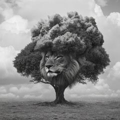 Lion-tree, majestic head,  cloudy crown, surreal, landscape