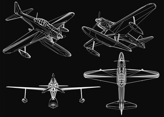Four distinct airplane designs in clean line art style, arranged side by side on a black background. Each aircraft features detailed wings, engines, and structural elements, highlighted by crisp.
