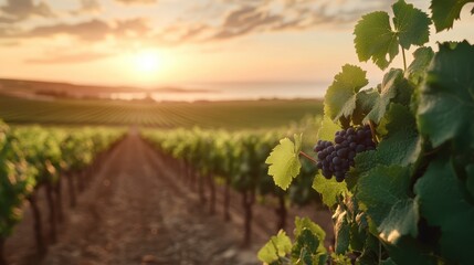 A stunning view of a vineyard bathed in golden sunlight during sunset, showcasing rows of grapevines and reflecting the beauty of nature's harvest.