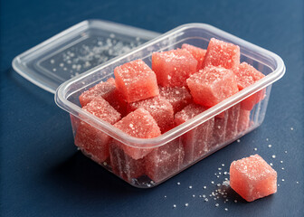 Sweet Watermelon Cubes: Refreshing watermelon cubes, delicately sugared, are presented in a clear plastic container, capturing the vibrant color and sweetness of summer.