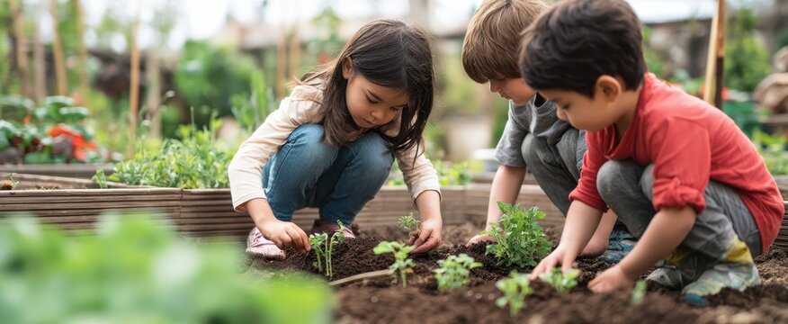 The children engaging in gardening activities in a vibrant community garden setting.
