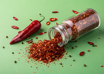 Crushed Chili Peppers: A vibrant red chili pepper rests beside a glass jar overflowing with crushed chili flakes, scattered on a green background. The image is perfect for food blogs, spice shops.