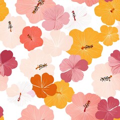 Colorful Tropical Hibiscus Flowers, Hibiscus Pattern Multicolored Blooms, Flower Seamless Pattern