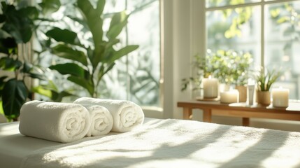 A calm spa room setting showcasing neatly rolled towels, plants, and candles, creating a tranquil atmosphere conducive to relaxation, wellness, and self-care experiences for visitors.