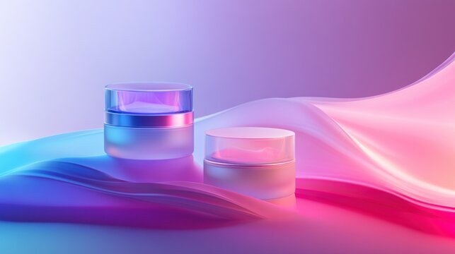 Two cosmetic jars on a vibrant background