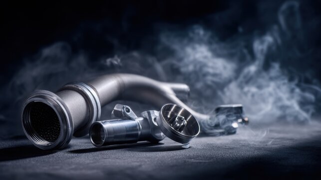  metallic car parts egr valve, catalytic converter and dpf filter lying on dark surface with light smoke 