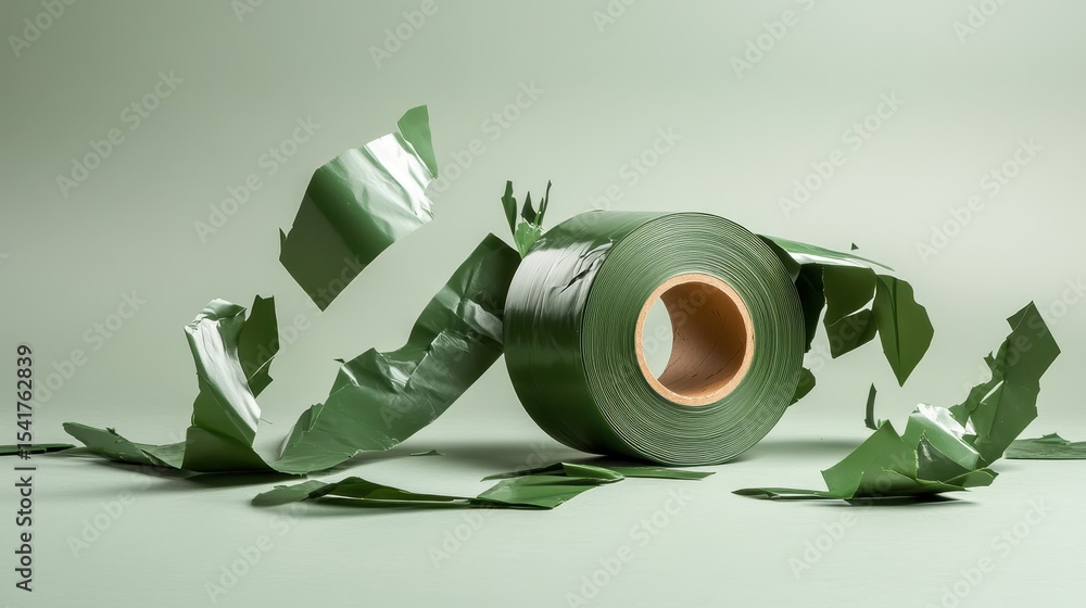 Poster a dynamic composition featuring a roll of green tape with shreds scattered around, showcasing motion