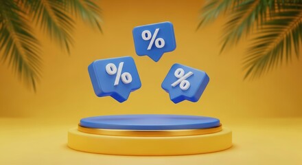 3D rendering of three percentage signs above a blue podium on a yellow background with palm shadows, symbolizing discounts