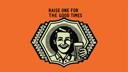 Obraz premium Retro illustration featuring a man raising a beer glass for good times celebration design