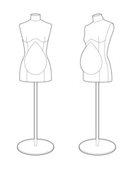 Vector outline of pregnant dress forms for maternity clothing design. Female mannequins for tailoring and sewing maternity wear. Black line art on white background.