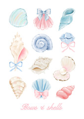 Watercolor pastel seashells and bows. Nautical pastel coastal illustrations for posters, invitations, scrapbooking, prints, stationery, beach party