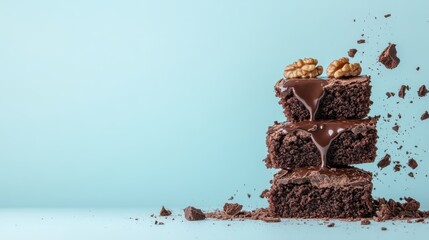 An enticing stack of rich chocolate brownies drizzled with melted chocolate and topped with walnuts, inviting viewers to indulge in a sinful dessert experience.