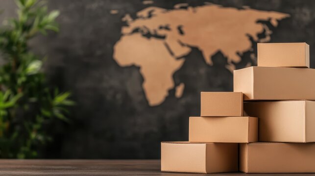 A neat arrangement of cardboard boxes sits prominently against a world map backdrop, symbolizing global trade, logistics, and the interconnectedness of markets.