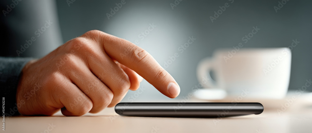 Poster user engaging with smartphone app display on desk digital interaction in cyberspace modern technolog