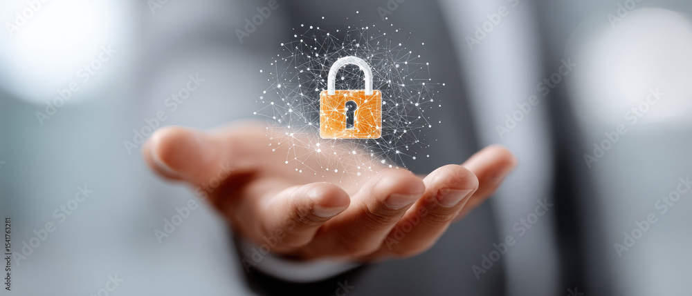 Poster future cybersecurity protection businessman holding hologram of secure lock in cyberspace highlighti