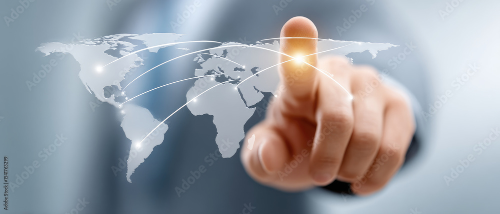 Poster businessman touching a digital map online integration of systems and information transfer in cybersp
