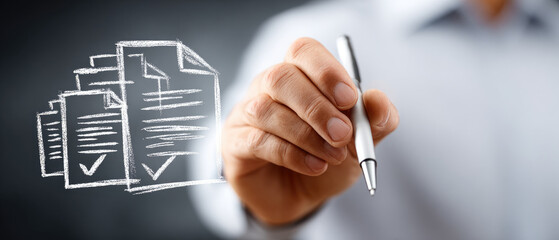 Business management and documentation success on chalkboard corporate consulting agreement with checkmarks professional hand drawing paperwork and files