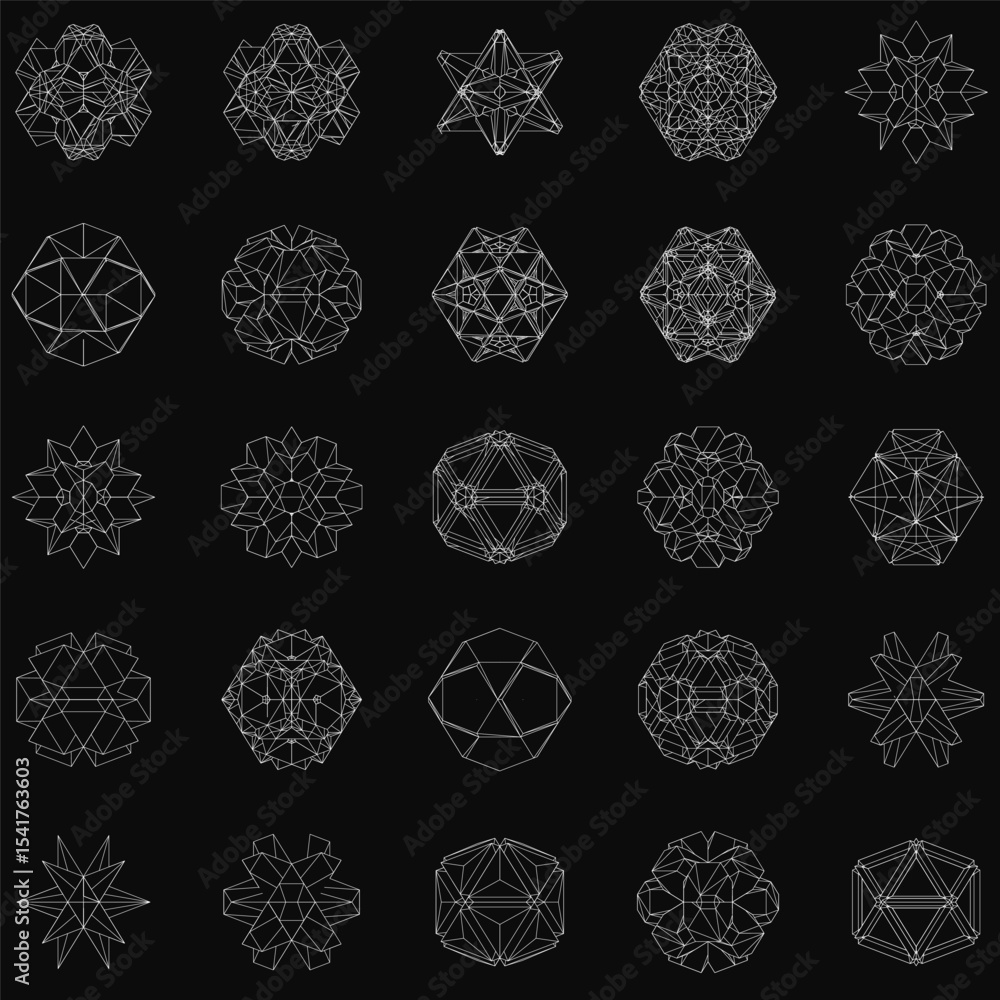 Poster geometric shapes arranged in a symmetrical pattern on a black background create a striking contrast.