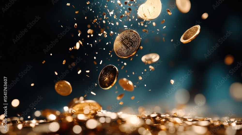 Poster an array of cryptocurrency coins cascades through the air, surrounded by a sparkling background that