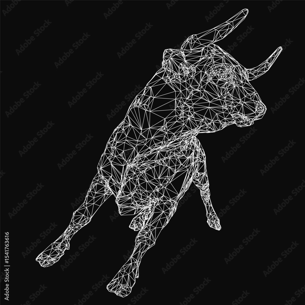 Poster a low polygonal bull leaps dynamically in mid-air, composed of angular shapes and sharp lines agains