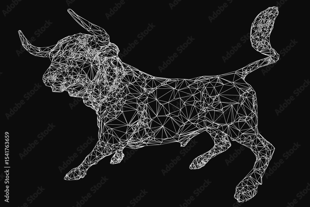 Poster a powerful running bull depicted in low polygonal style, composed of geometric shapes and sharp line