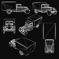 A set of four old trucks in line art style, each with unique designs, placed on a solid black background. The bright colors of the vintage trucks contrast sharply against the dark backdrop.