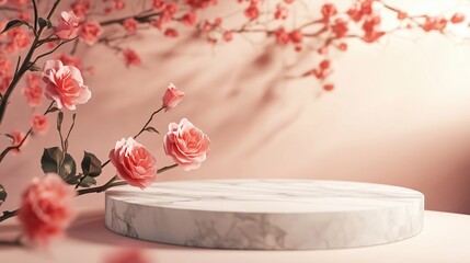 A round white marble podium sits elegantly in the foreground against a soft peach-pink background. Surrounding the podium are delicate pink roses with some blooms in focus and other blurred.