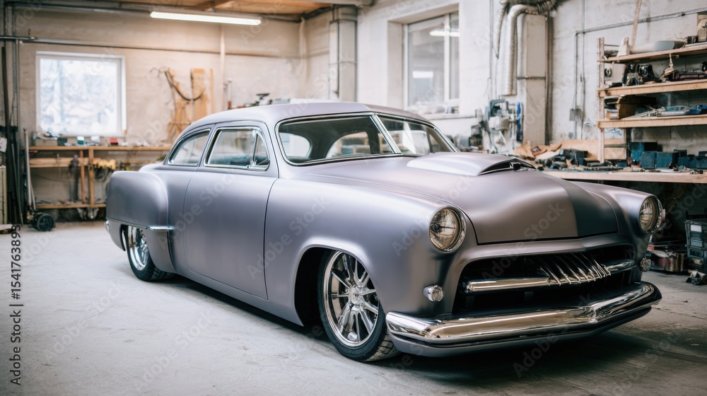 Poster custom-built classic car in a workshop, retro body with modern upgrades, restored and modified engin