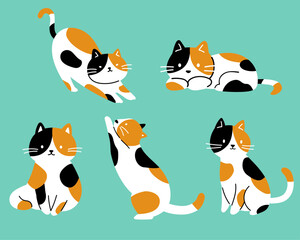 三毛猫の色んなポーズシンプルかわいいイラストセット