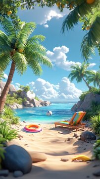 Tropical Paradise Beach with Lounge Chair and Crystal Clear Waters