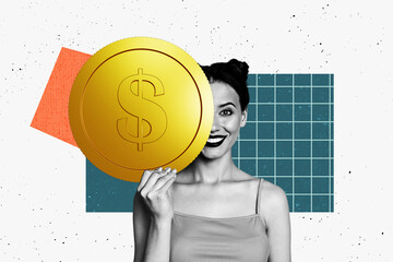 3d trendy image photo collage of happy businesswoman receive dollar coin income success capital...