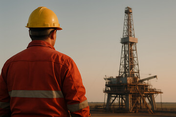 copy space of a oil rig officer from behind