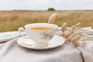 Summer Tea Served in a Delicate Flat Cup on a Linen Napkin Amidst a Tranquil Field