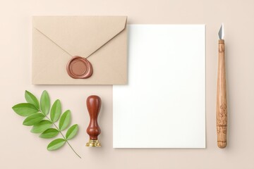 Flat Layout of Juneteenth Greeting Cards With Stationary Items and a Fresh Leaf for Celebrating Freedom and Heritage