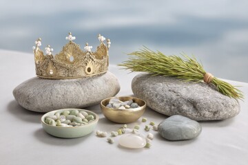 Midsummer Field Altar Adorned With Crown and Natural Symbols Showcasing Traditions of Nature and Celebration