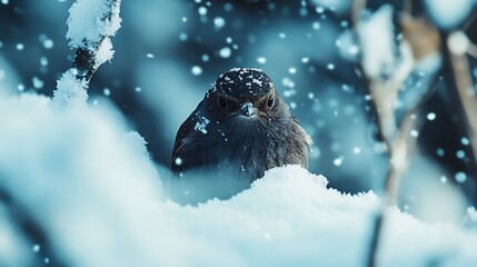Robin bird hiding for the snow searching for food