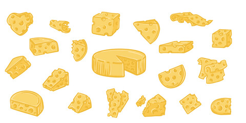 Vector collection of cheese slice illustrations. Hand-drawn doodle style with wedges, blocks, and melted pieces. Perfect for food design, menus, packaging. EPS