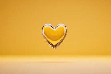 Levitating Golden Heart Sculpture Creates a Stunning Visual Effect Against a Warm Yellow Background