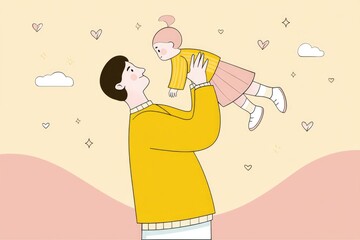 Dad Joyfully Lifting Baby in the Air Against a Soft Pastel Background Filled With Hearts and Clouds