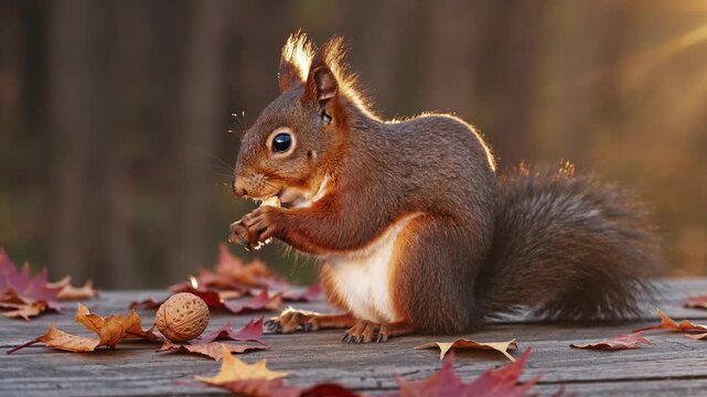 Eurasian squirrel nibbling wild nut on wooden surface, surrounded by golden autumn leaves during warm sunset light in natural forest setting