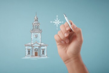 Minimalist Line Drawing of an Academic Building With a Hand Drawing a Compass on a Blue Background