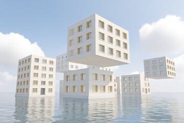 Modular Survival Housing Design in Geometric Form Floats on Water During Daylight With Natural Lighting