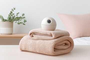 Neutral Baby Monitor Placed on a Folded Blanket in a Cozy Nursery Setting During Morning Light