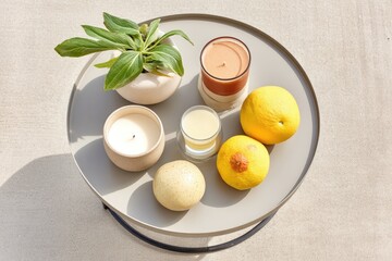 Picnic Table Setup With Herb Candles, Fruits, and Plants in a Serene Outdoor Environment