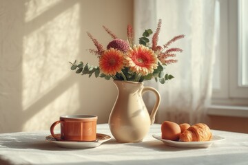 Morning Sunlight Illuminates a Cozy Breakfast Table With Flowers, Coffee, and Pastries