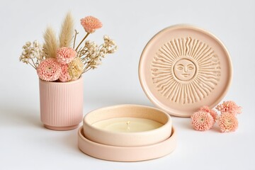 Ritual Boho Altar Featuring Clay Sun Symbol With Pastel Tones, Candles, and Dried Flowers