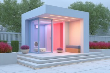 Smart Kennel in Garden With Fan Providing Comfort for Pets During Warm Days