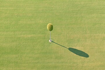 Lonely Tree Casts a Long Shadow on Green Grass During Golden Hour at a Tranquil Park